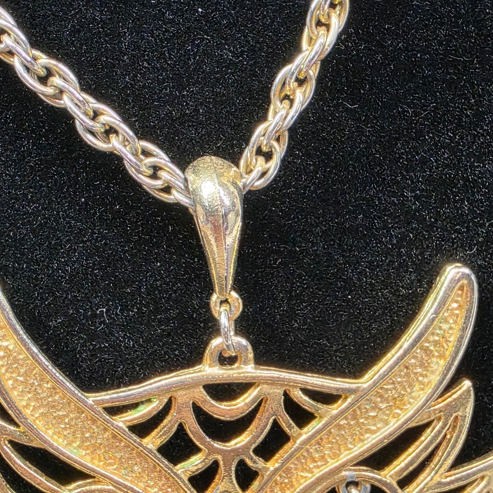 Owl Pendant 24" Necklace Gold Tone Articulated Vintage Filigree Boho 70s - Picture 5 of 9
